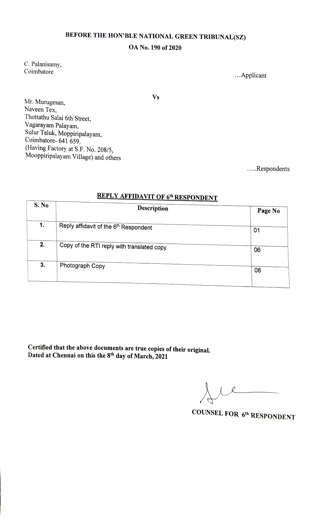 Reply Affidavit of the 6Th Respondent in OA 190