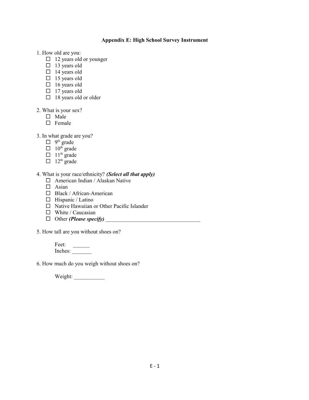 Appendix E: High School Survey Instrument