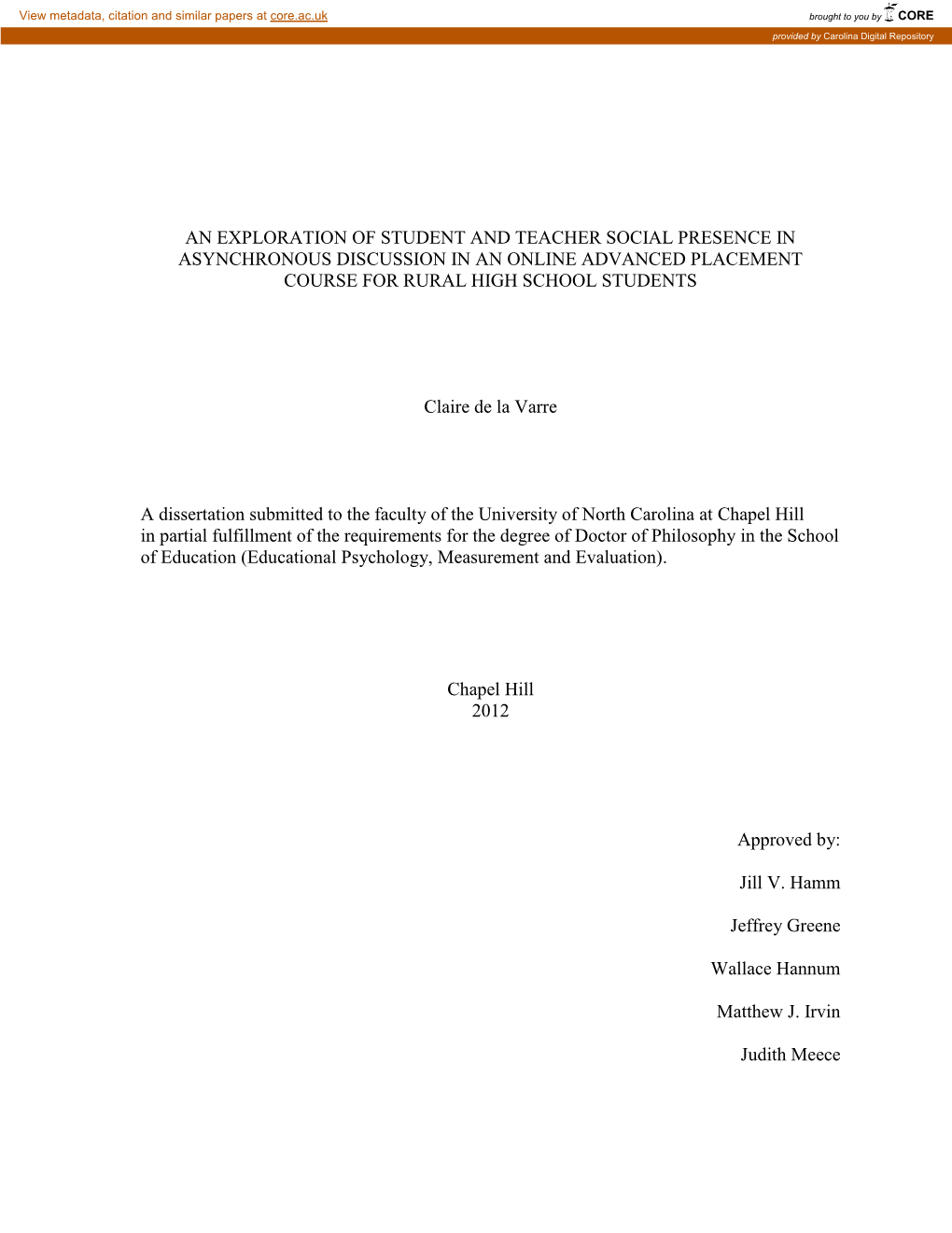 An Exploration of Student and Teacher Social Presence in Asynchronous Discussion in an Online Advanced Placement Course for Rural High School Students