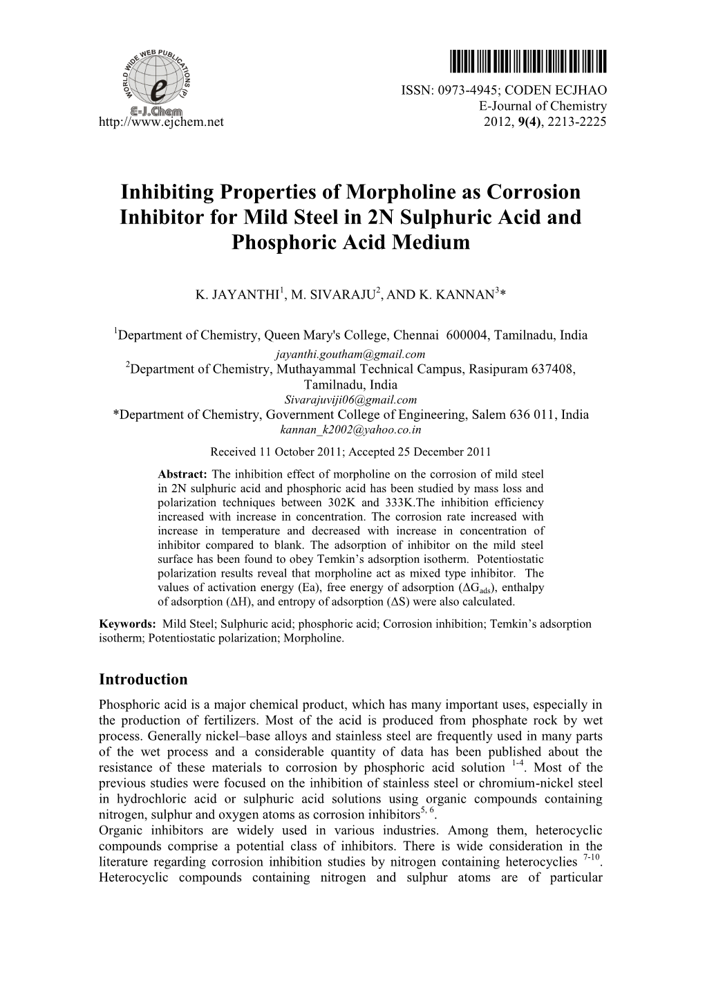 Inhibiting Properties of Morpholine As Corrosion Inhibitor for Mild Steel in 2N Sulphuric Acid and Phosphoric Acid Medium