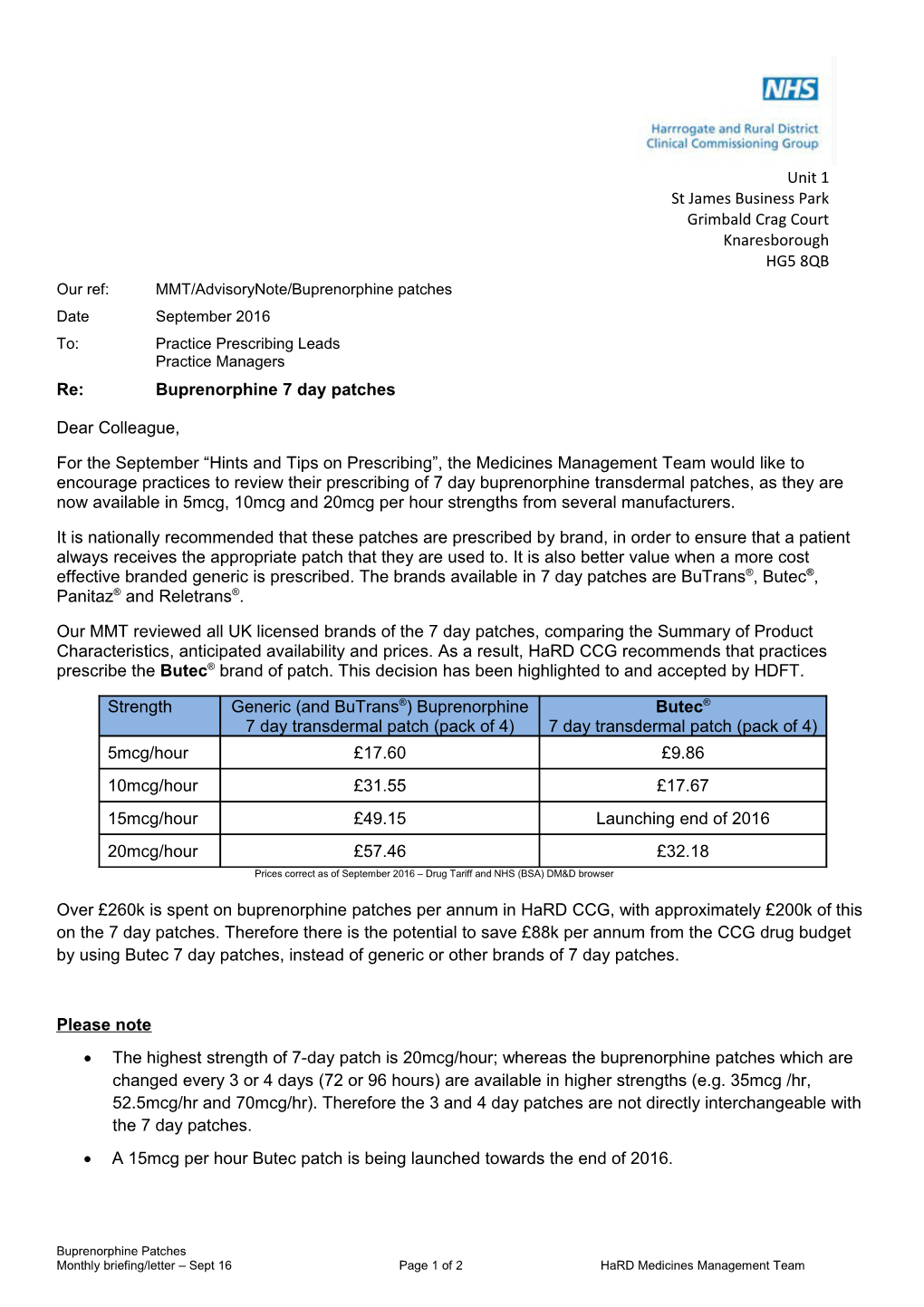 Re: Buprenorphine 7 Day Patches