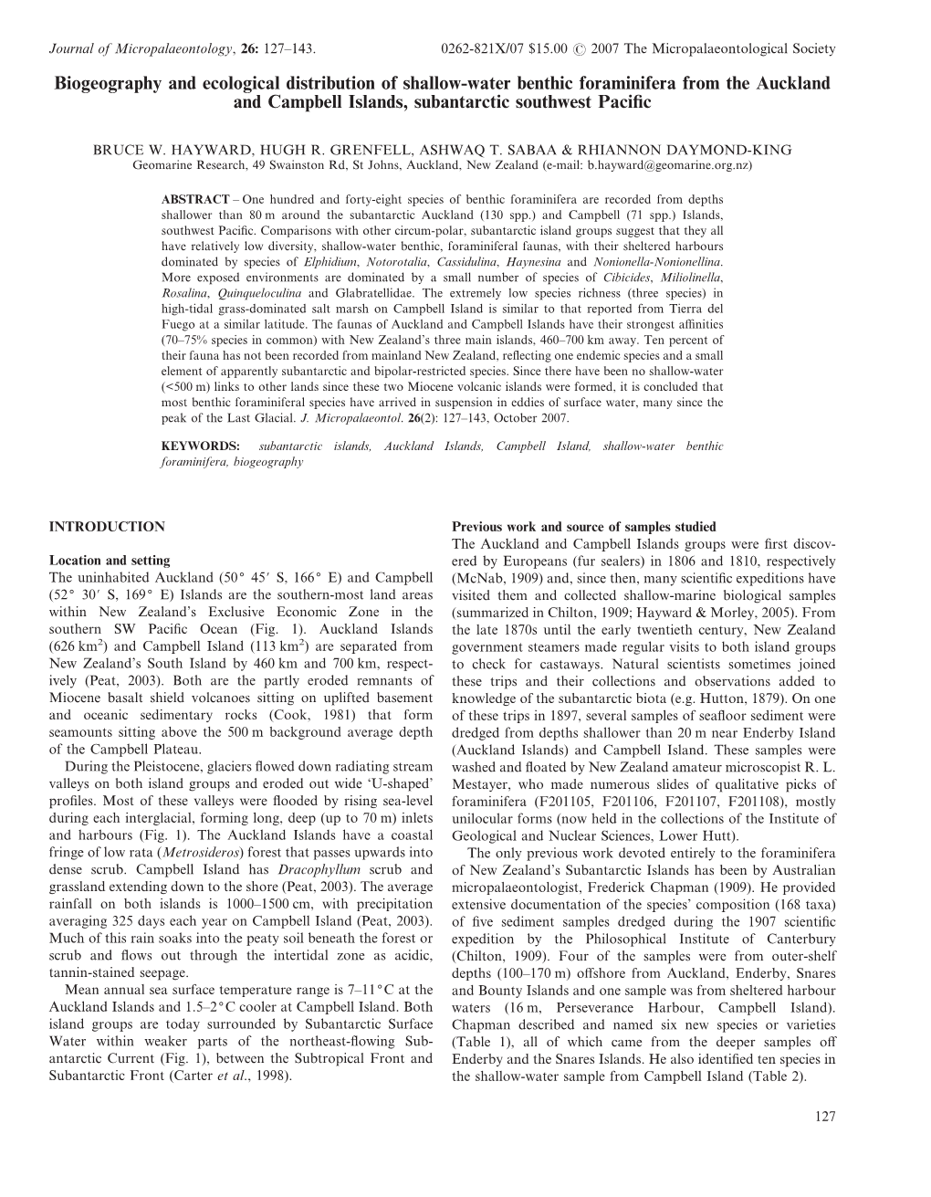 Biogeography and Ecological Distribution of Shallow-Water Benthic Foraminifera from the Auckland and Campbell Islands, Subantarctic Southwest Paciﬁc