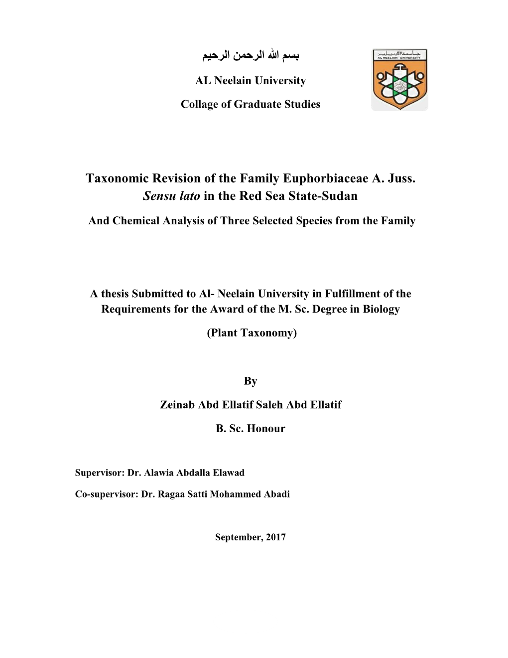 ﺑﺳم هللا اﻟرﺣﻣن اﻟرﺣﯾم Taxonomic Revision of the Family Euphorbiaceae A