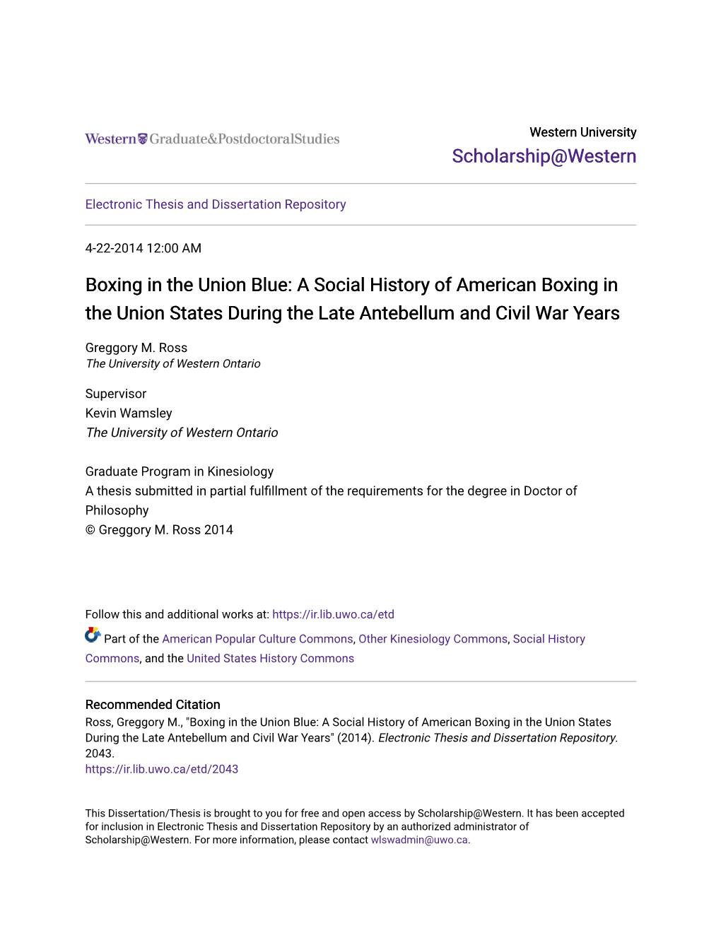 Boxing in the Union Blue: a Social History of American Boxing in the Union States During the Late Antebellum and Civil War Years