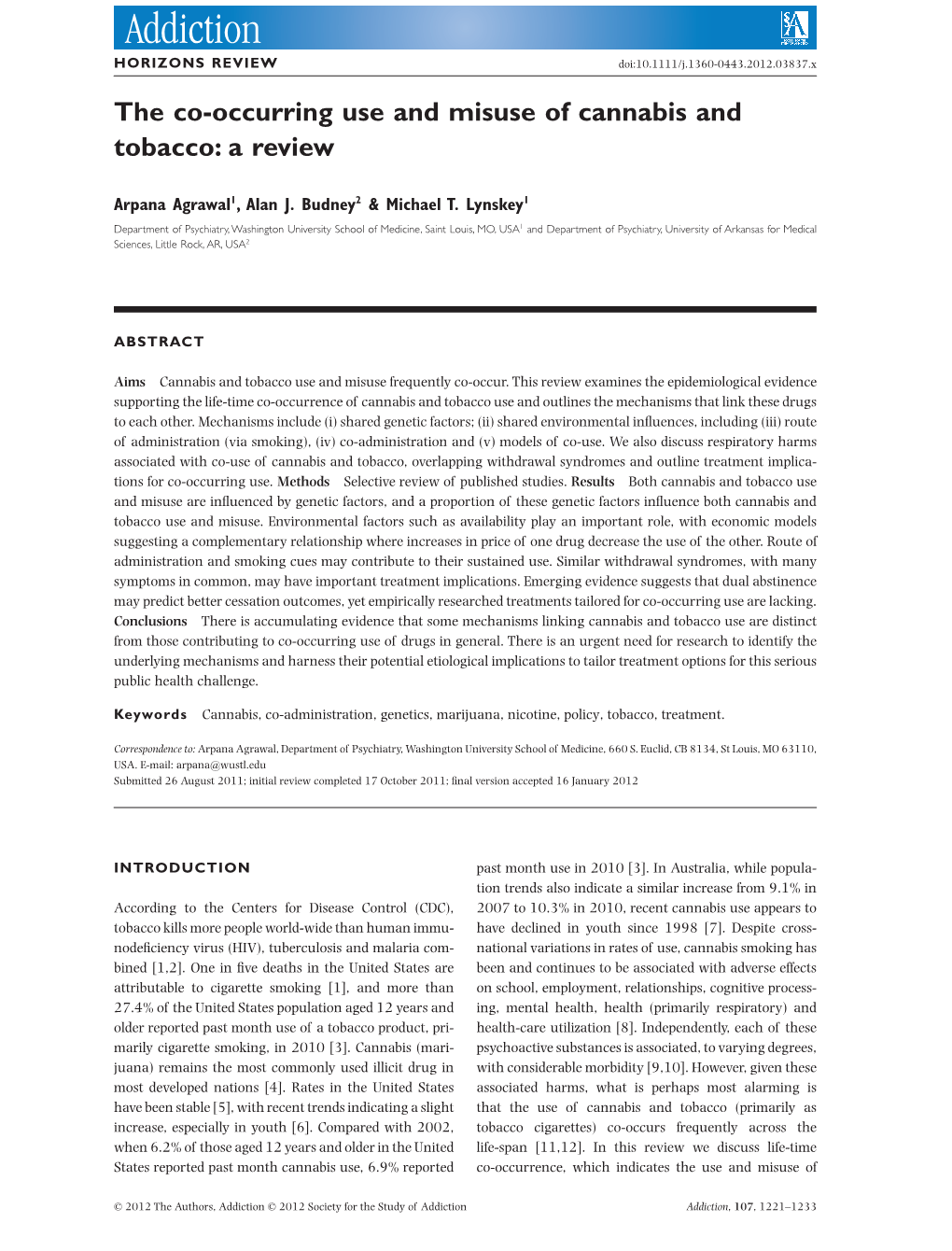 The Coâ•'Occurring Use and Misuse of Cannabis and Tobacco: a Review