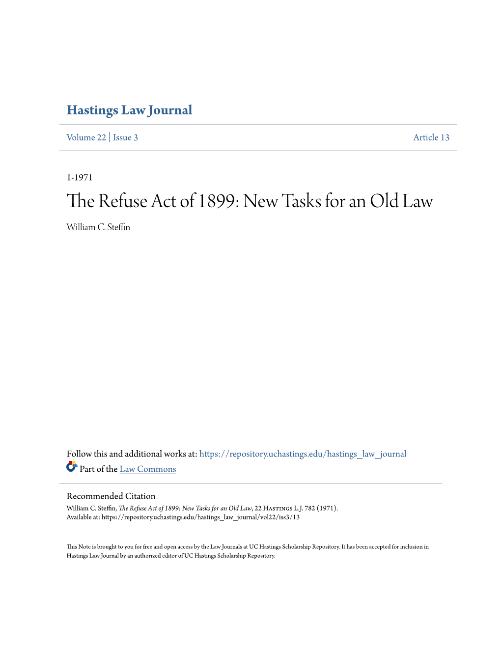 The Refuse Act of 1899: New Tasks for an Old Law William C
