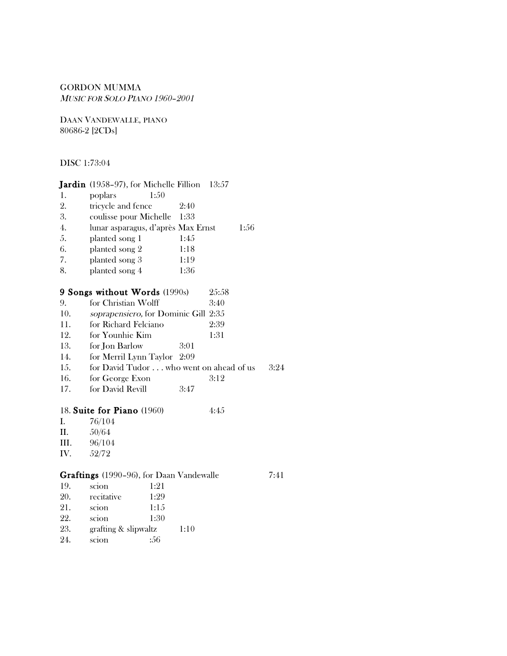 Gordon Mumma Music for Solo Piano 1960–2001