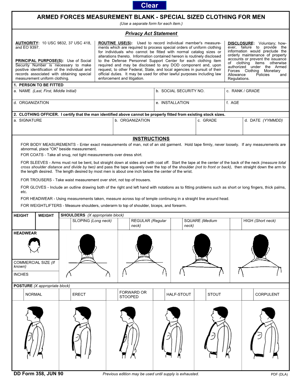 DD Form 358, Armed Forces Measurement Blank