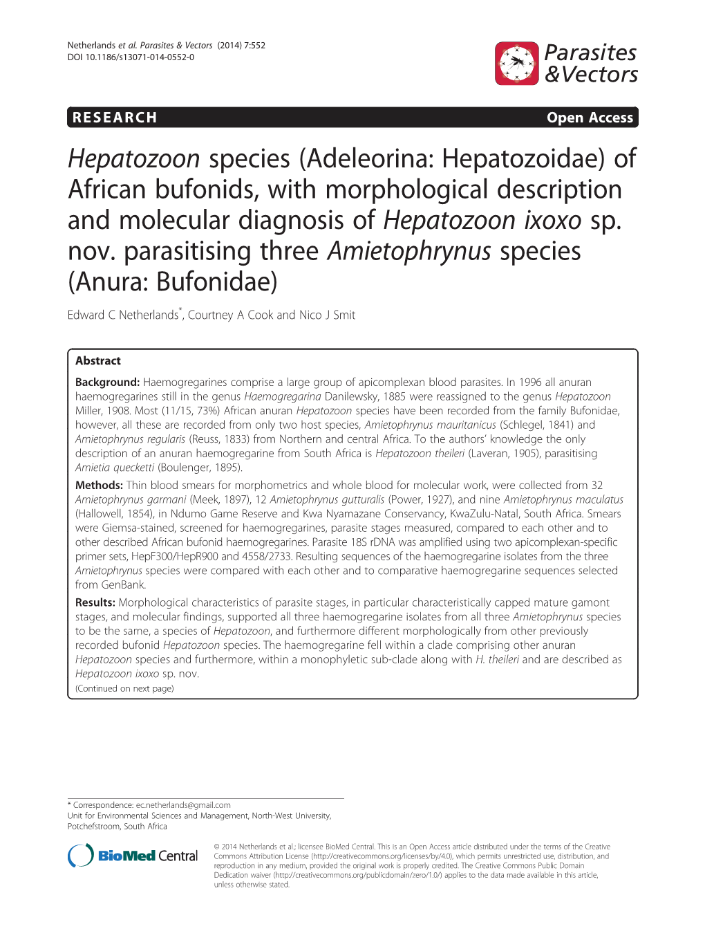 Adeleorina: Hepatozoidae) of African Bufonids, with Morphological Description and Molecular Diagnosis of Hepatozoon Ixoxo Sp