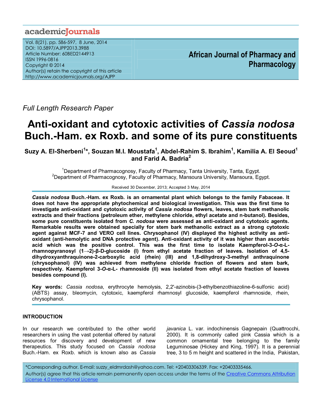 Anti-Oxidant and Cytotoxic Activities of Cassia Nodosa Buch.-Ham