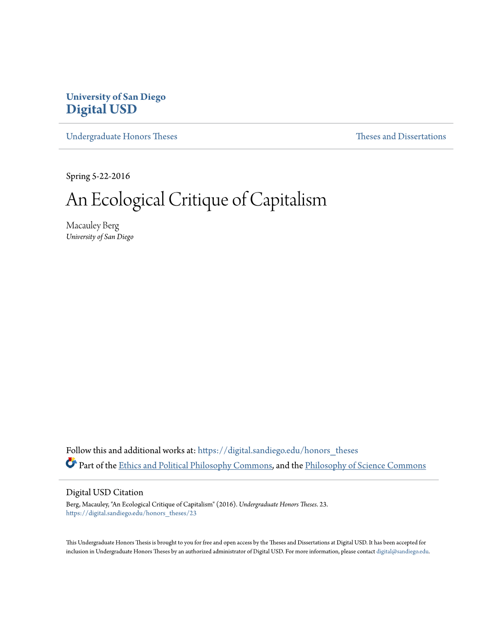 An Ecological Critique of Capitalism Macauley Berg University of San Diego