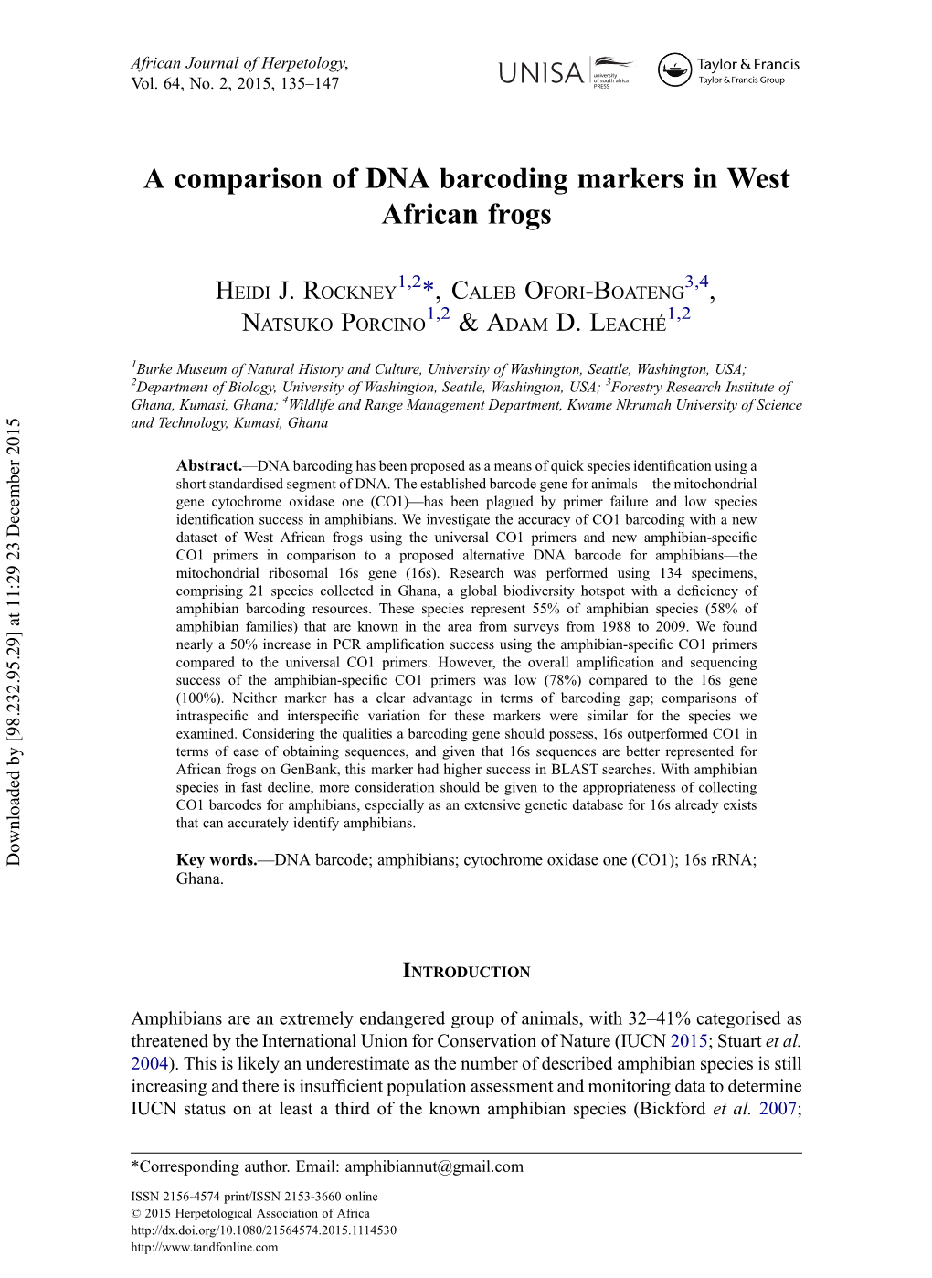 A Comparison of DNA Barcoding Markers in West African Frogs