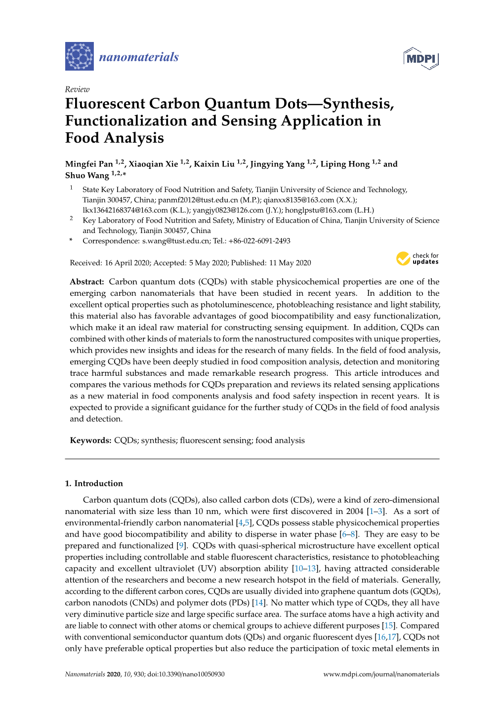 Fluorescent Carbon Quantum Dots—Synthesis, Functionalization and Sensing Application in Food Analysis