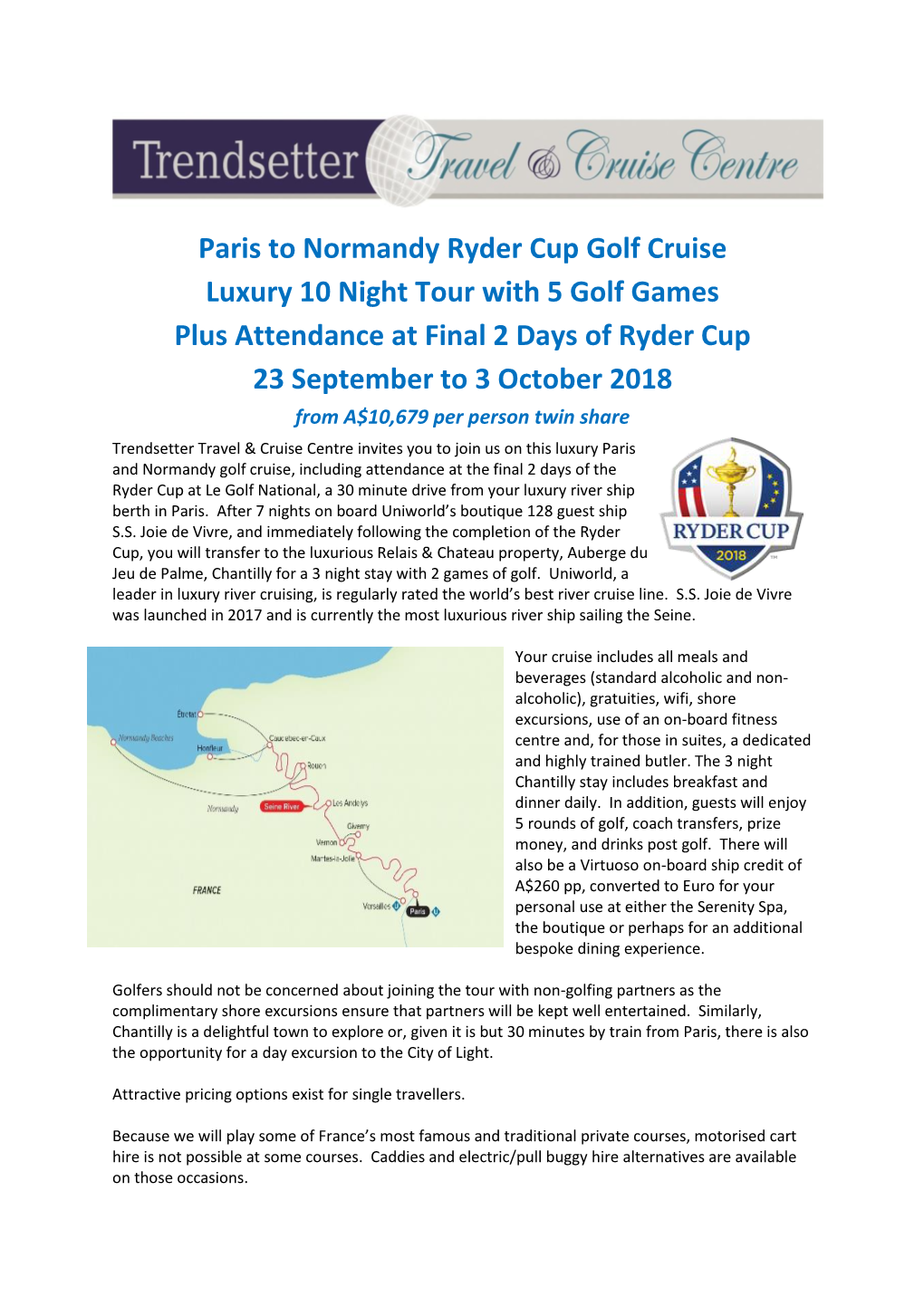 Paris to Normandy Ryder Cup Golf Cruise Luxury 10 Night Tour with 5