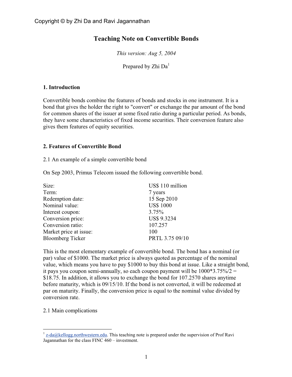 Teaching Note on Convertible Bonds