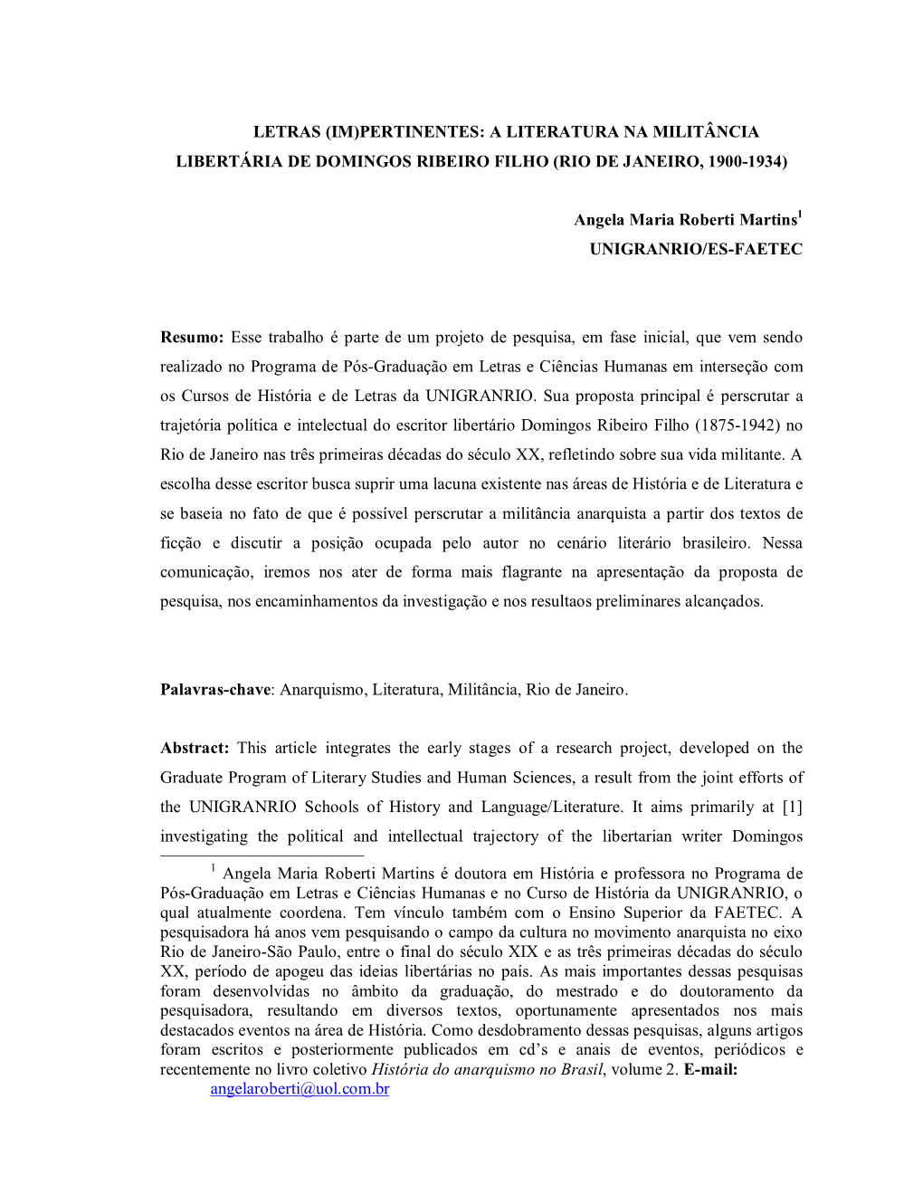 Letras (Im)Pertinentes: a Literatura Na Militância Libertária De Domingos Ribeiro Filho (Rio De Janeiro, 1900-1934)