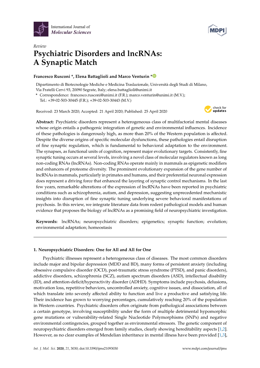 Psychiatric Disorders and Lncrnas: a Synaptic Match