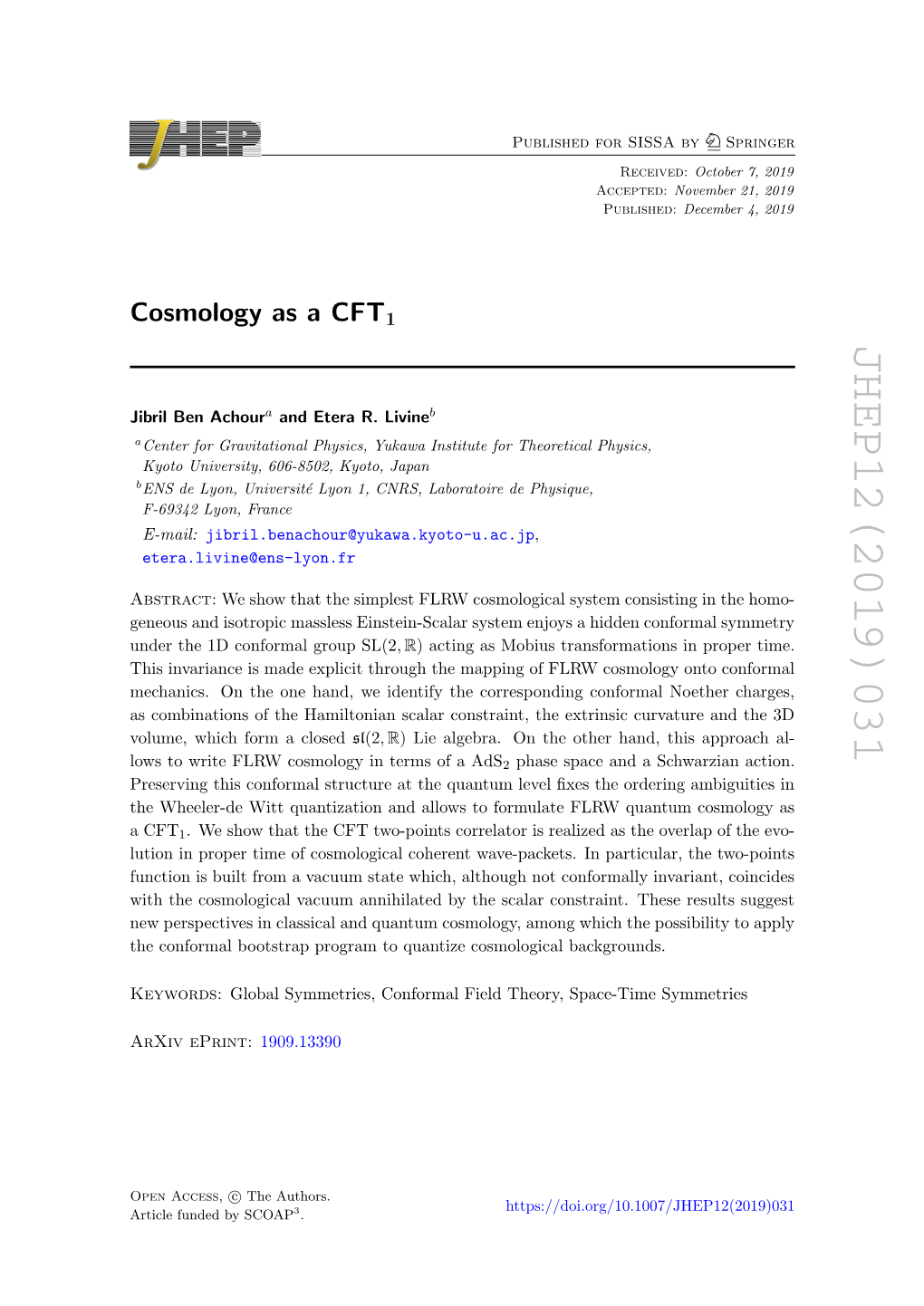 Cosmology As a CFT 1