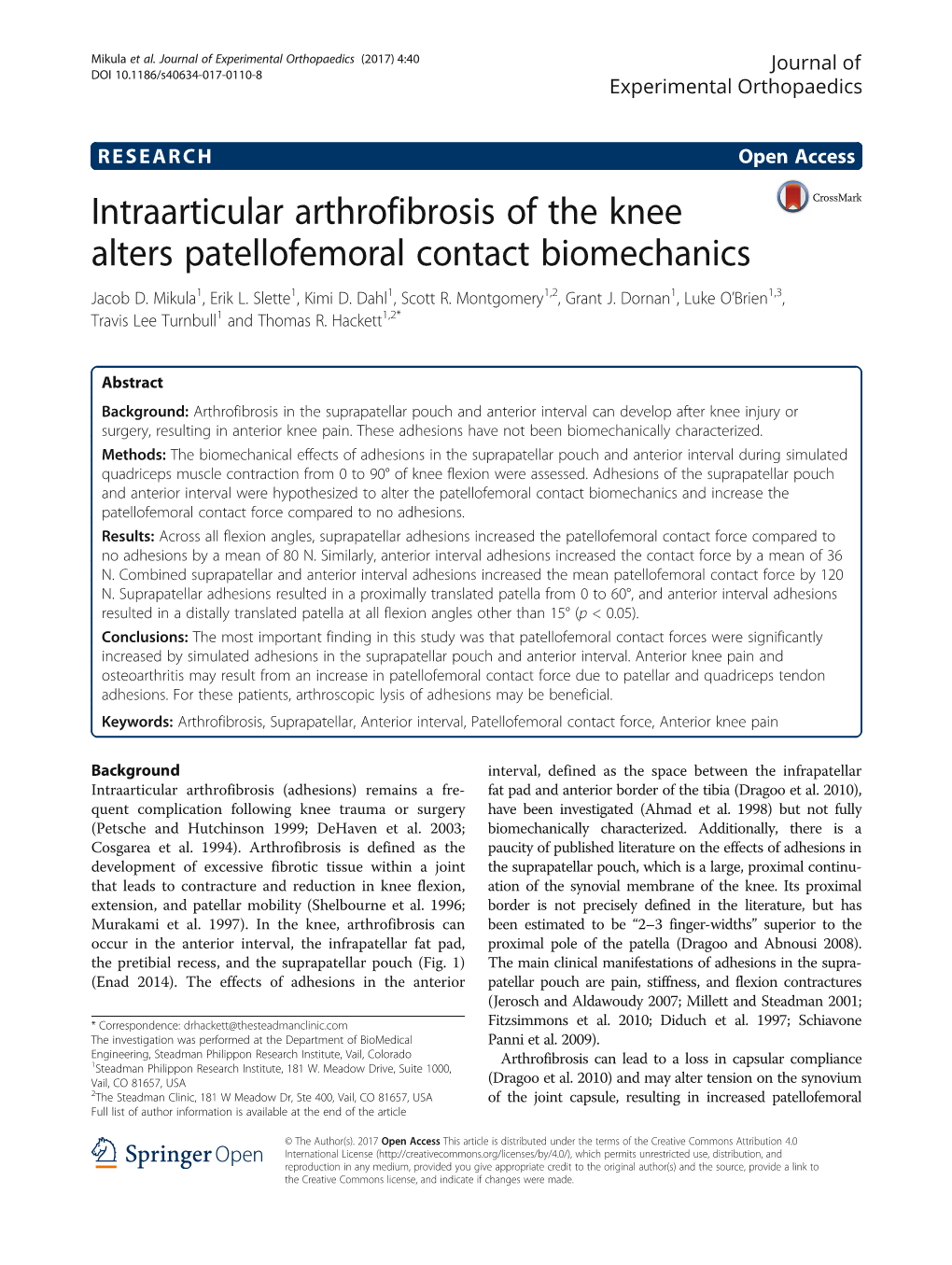 Intraarticular Arthrofibrosis of the Knee Alters Patellofemoral Contact Biomechanics Jacob D
