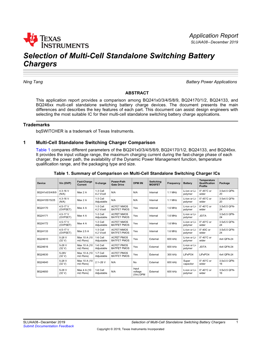 Bq241xx/Bq246xx Selection of Multi-Cell Standalone Switching