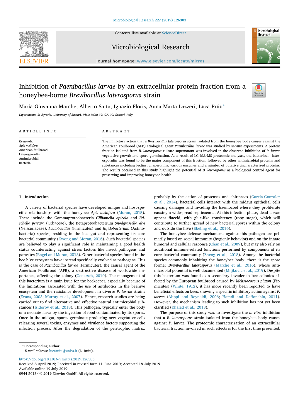 Microbiological Research Inhibition of Paenibacillus Larvae by An