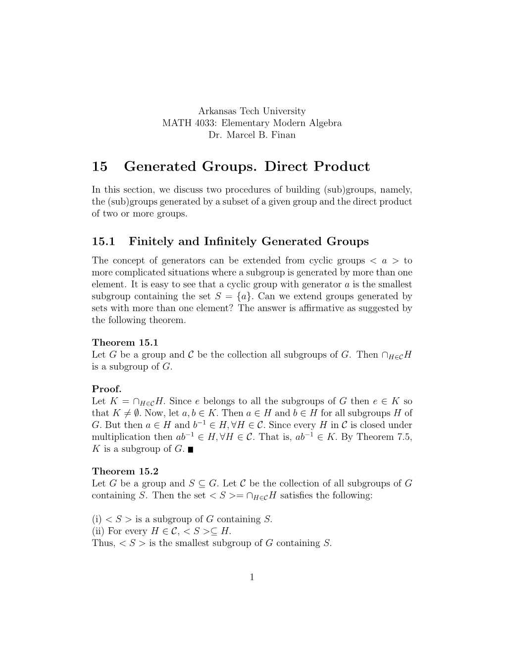 15 Generated Subgroups. Direct Product of Groups