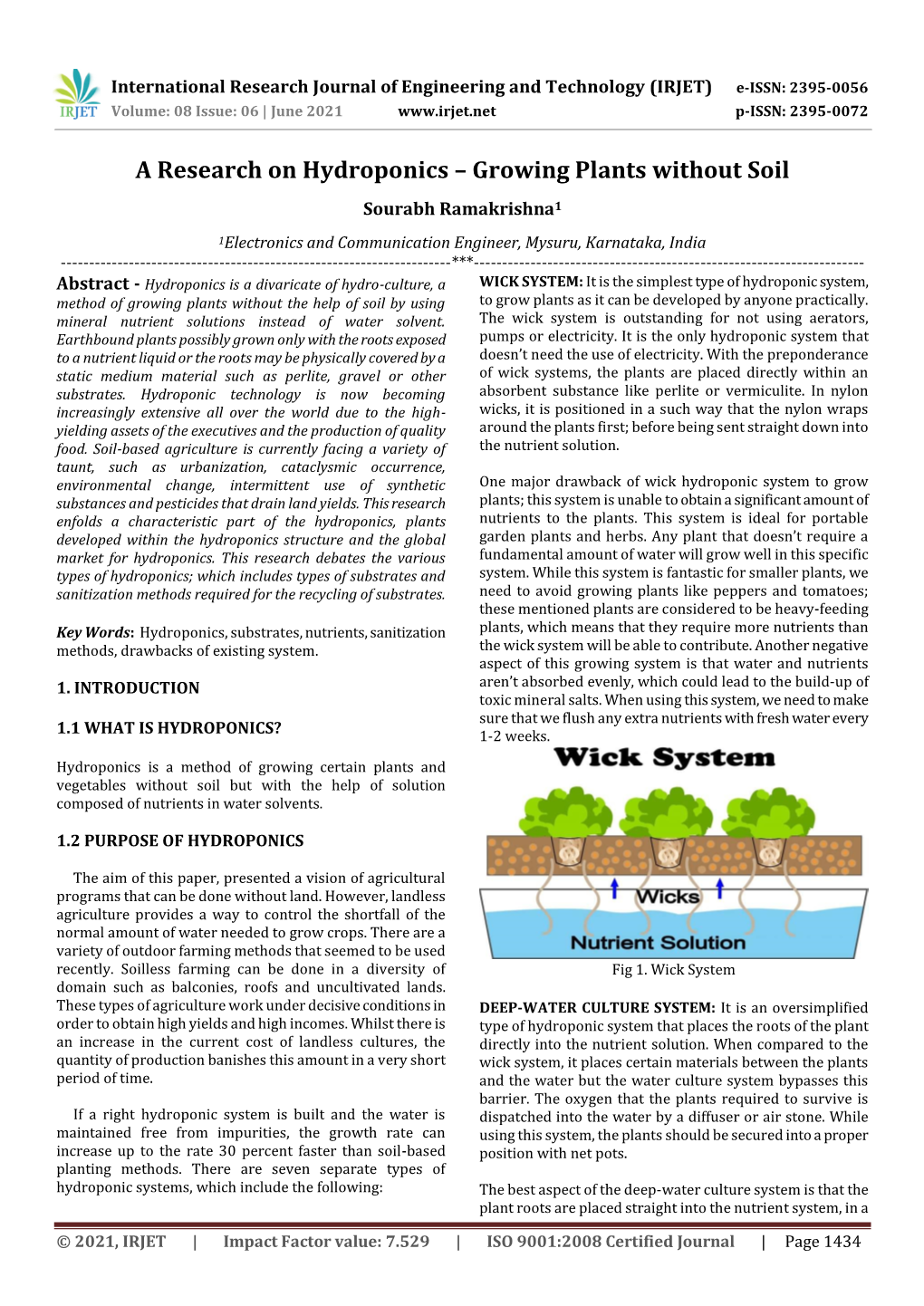 A Research on Hydroponics – Growing Plants Without Soil Sourabh Ramakrishna1