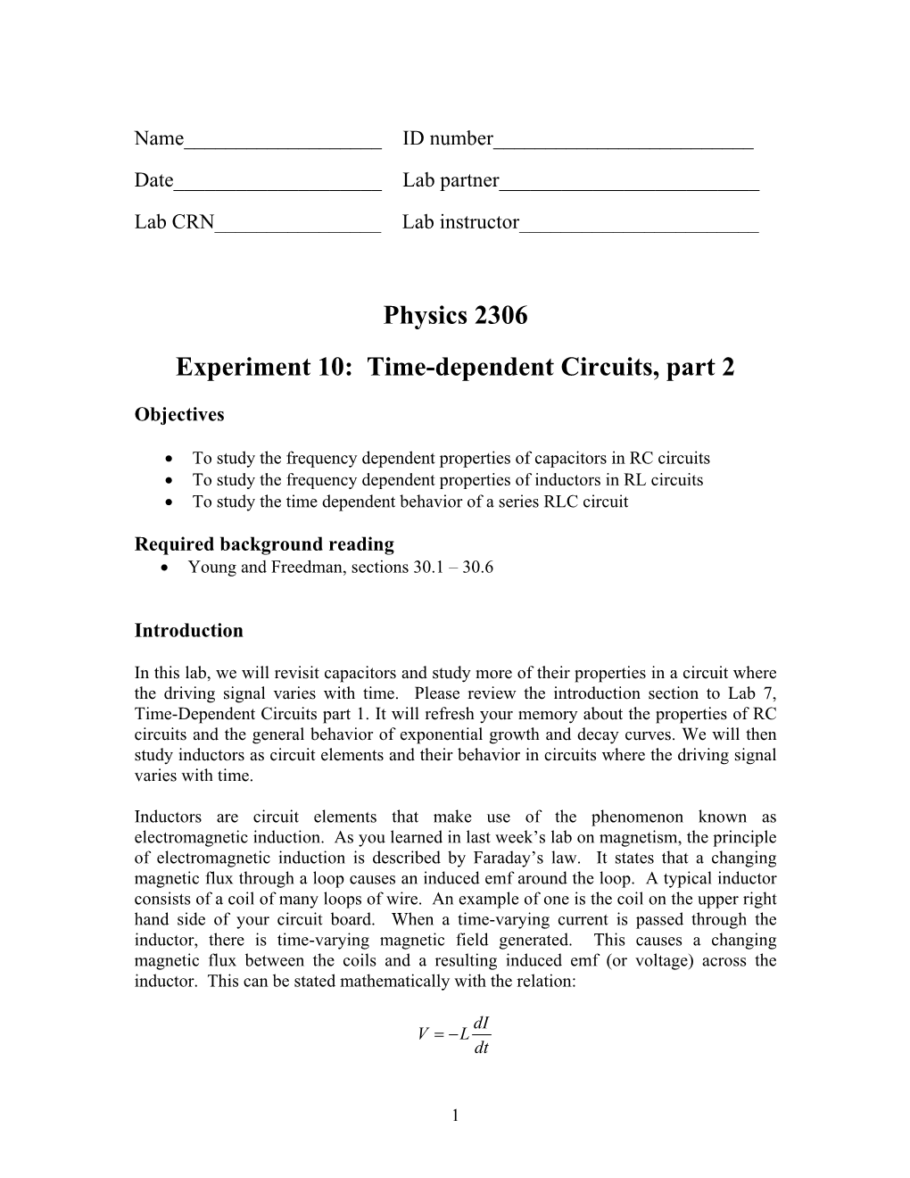 Physics 2306 Experiment 10: Time-Dependent Circuits, Part 2