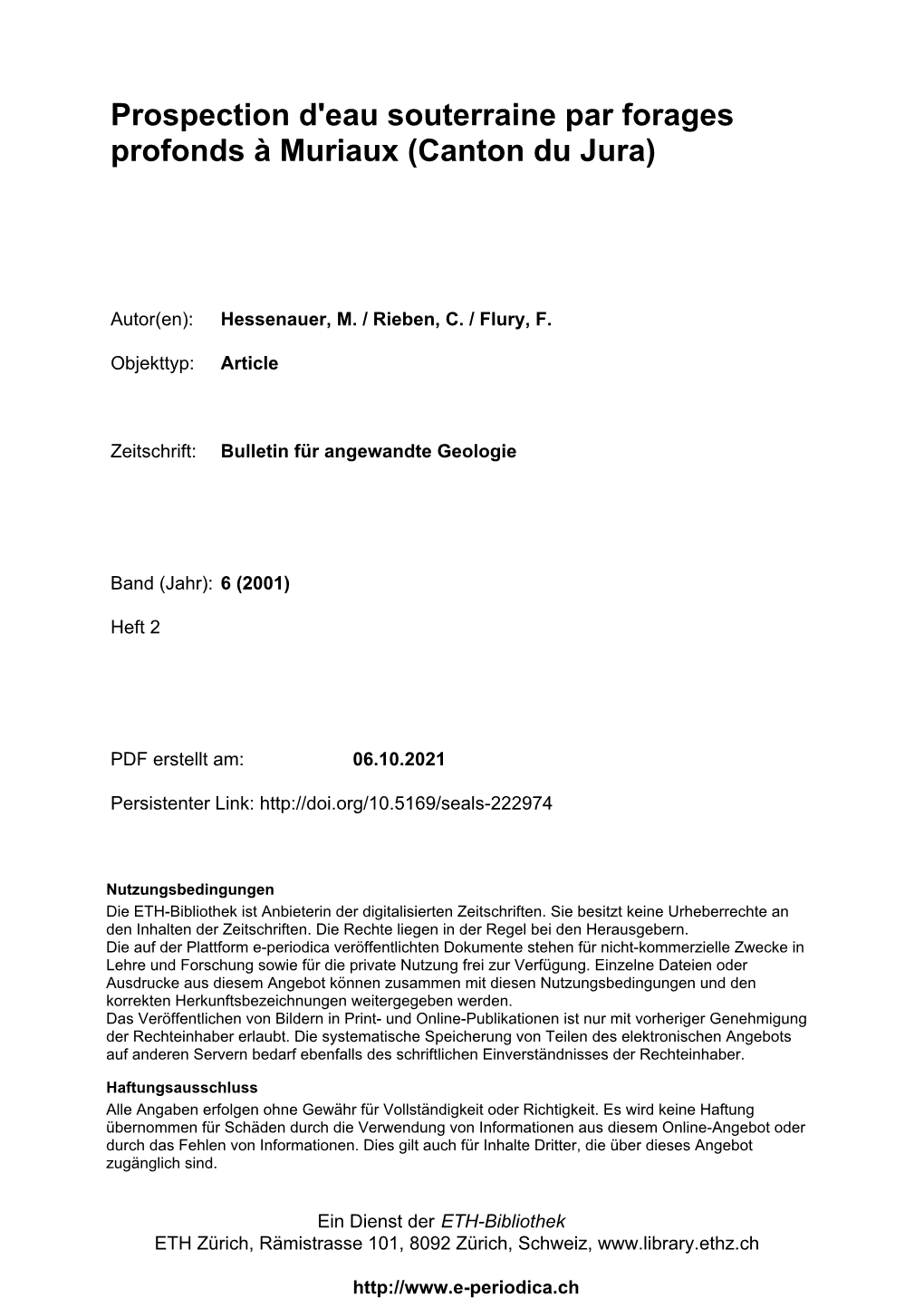 Prospection D'eau Souterraine Par Forages Profonds À Muriaux (Canton Du Jura)