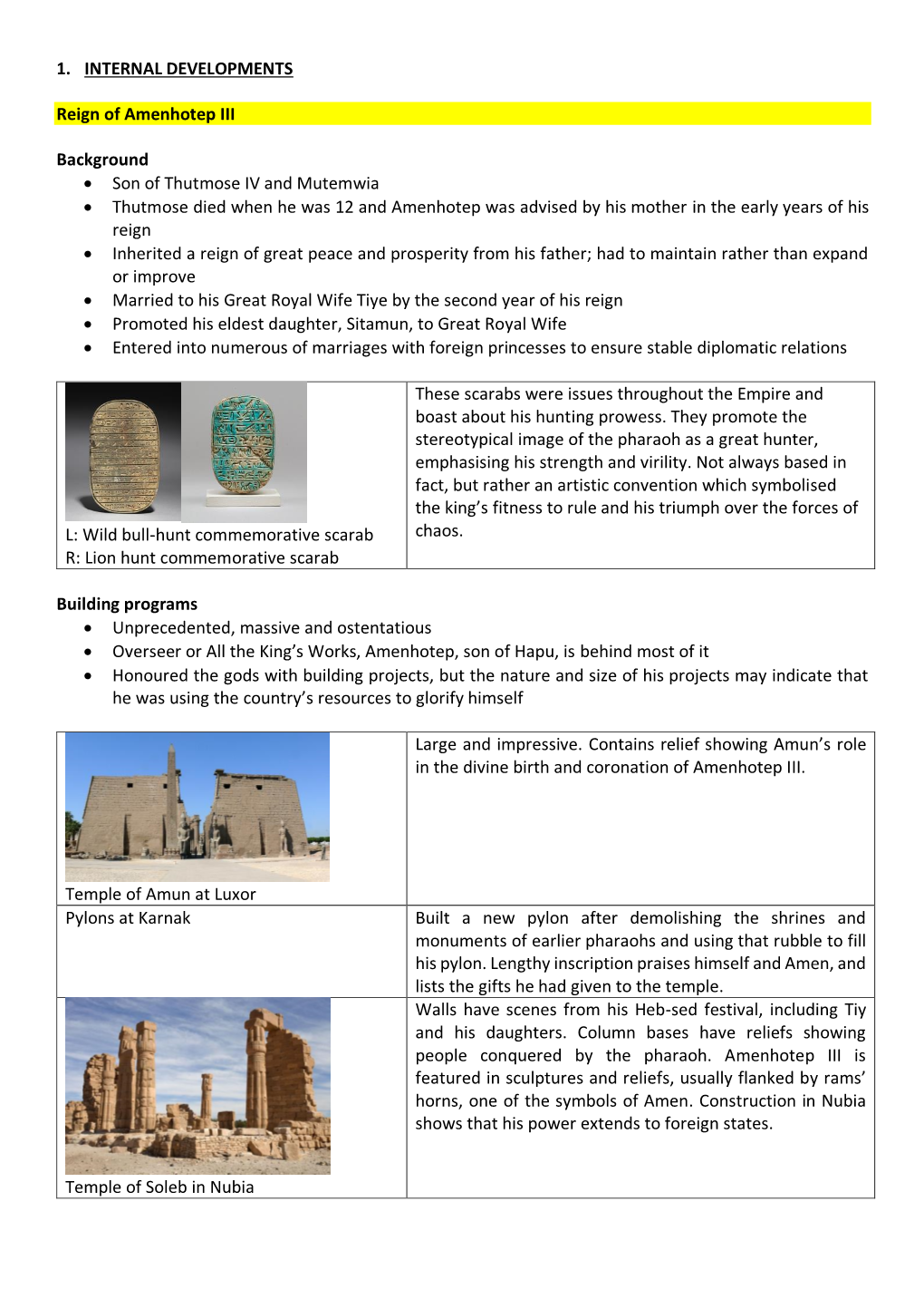 1. INTERNAL DEVELOPMENTS Reign of Amenhotep III Background • Son of Thutmose IV and Mutemwia • Thutmose Died When He Was 12