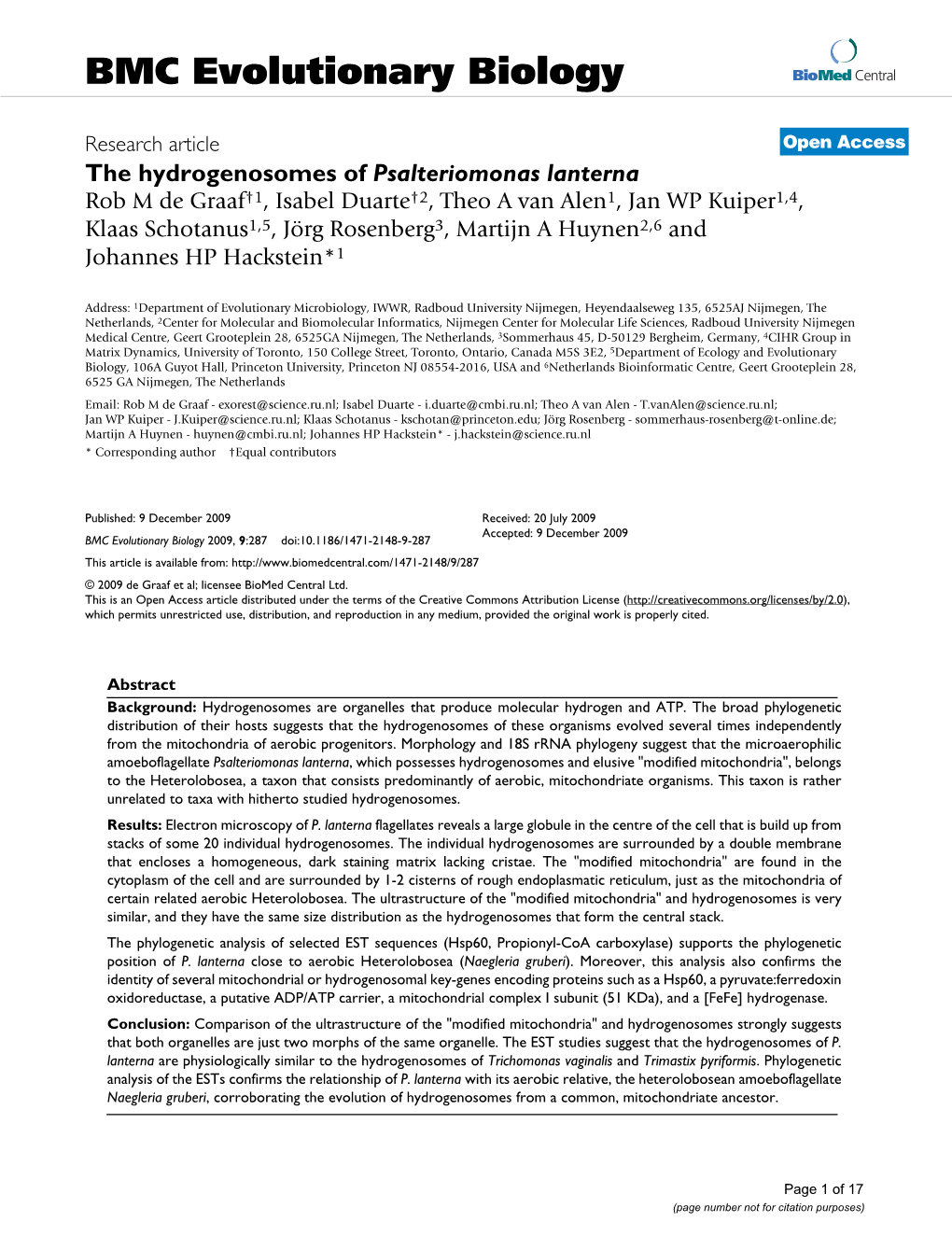 The Hydrogenosomes of Psalteriomonas Lanterna