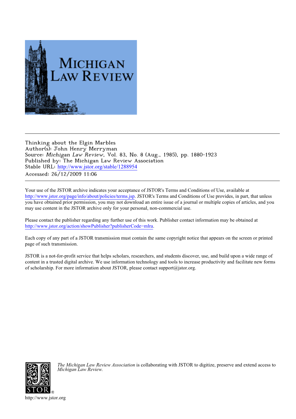 Thinking About the Elgin Marbles Author(S): John Henry Merryman Source: Michigan Law Review, Vol