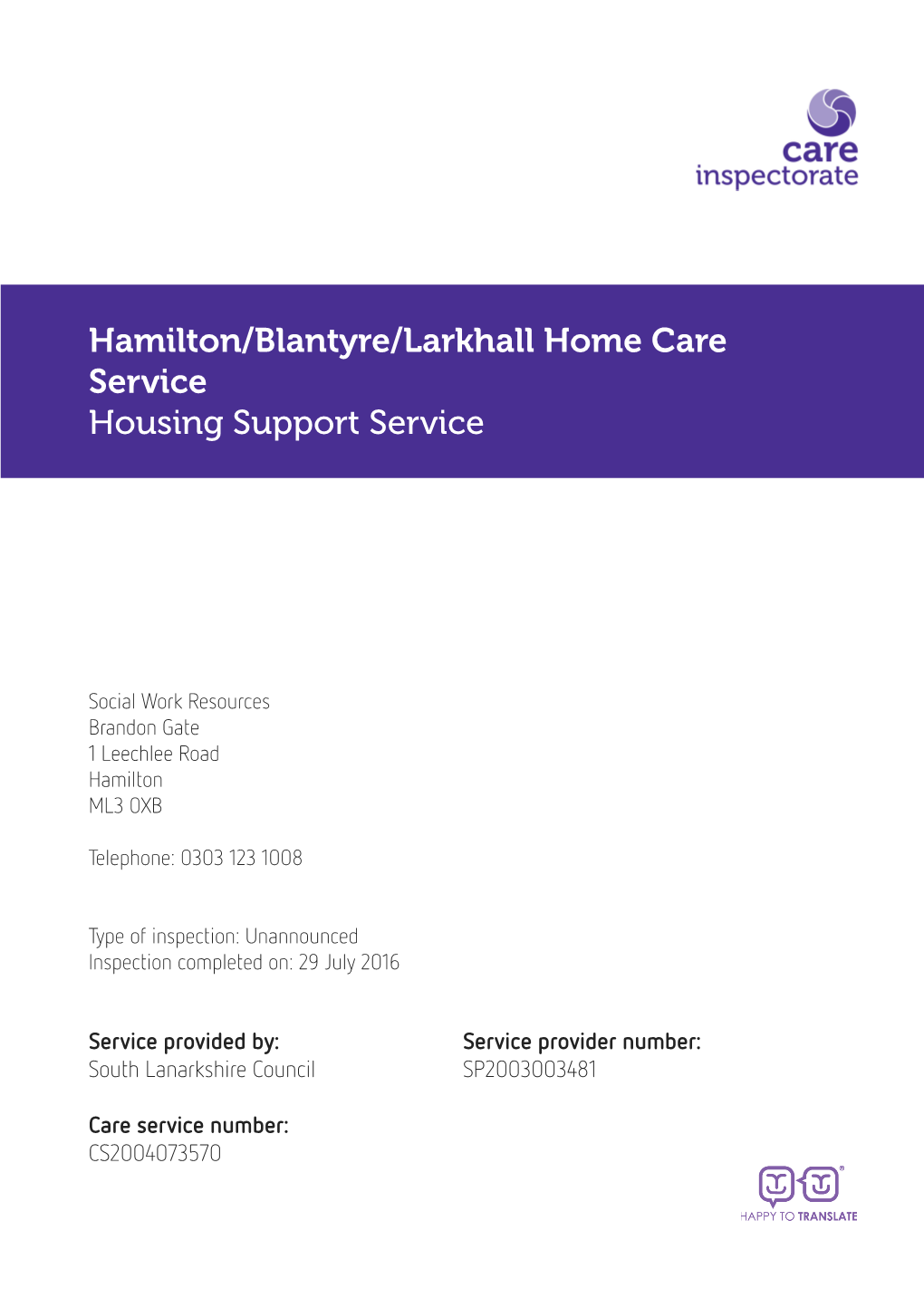 Hamilton/Blantyre/Larkhall Home Care Service Housing Support Service