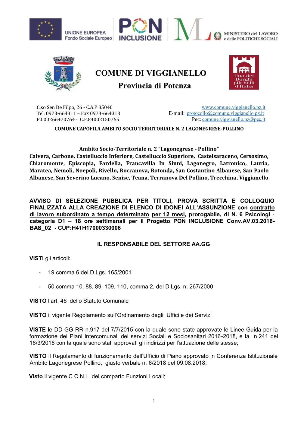 COMUNE DI VIGGIANELLO Provincia Di Potenza