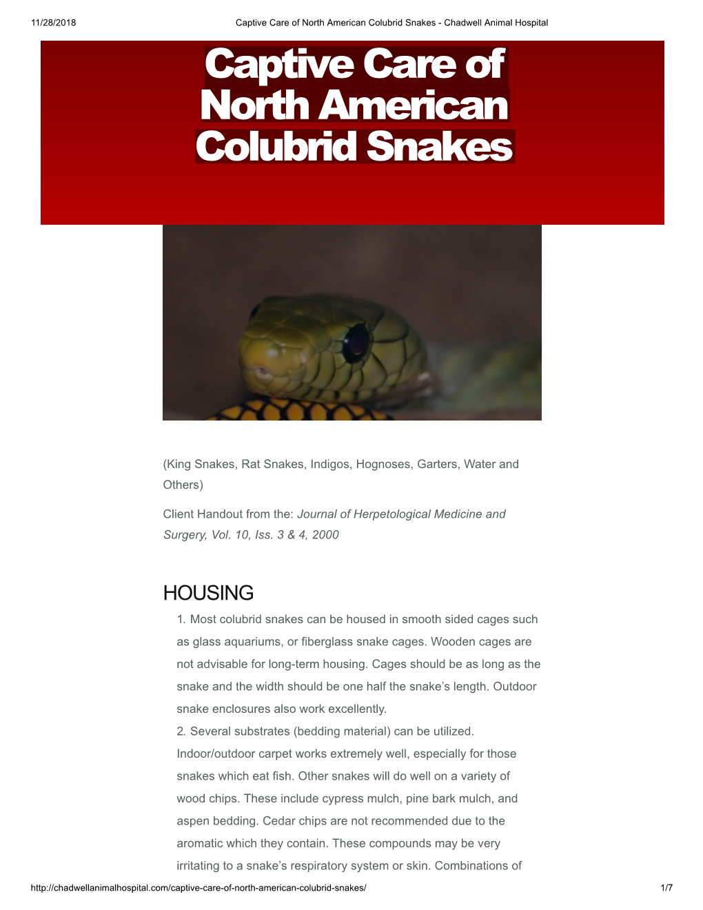 Captive Care of North American Colubrid Snakes - Chadwell Animal Hospital Captive Care of North American Colubrid Snakes