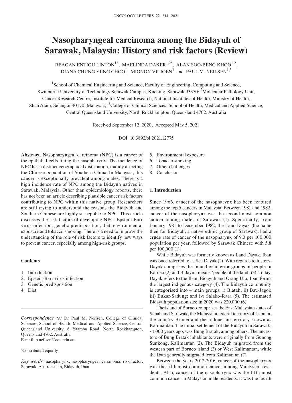 Nasopharyngeal Carcinoma Among the Bidayuh of Sarawak, Malaysia: History and Risk Factors (Review)