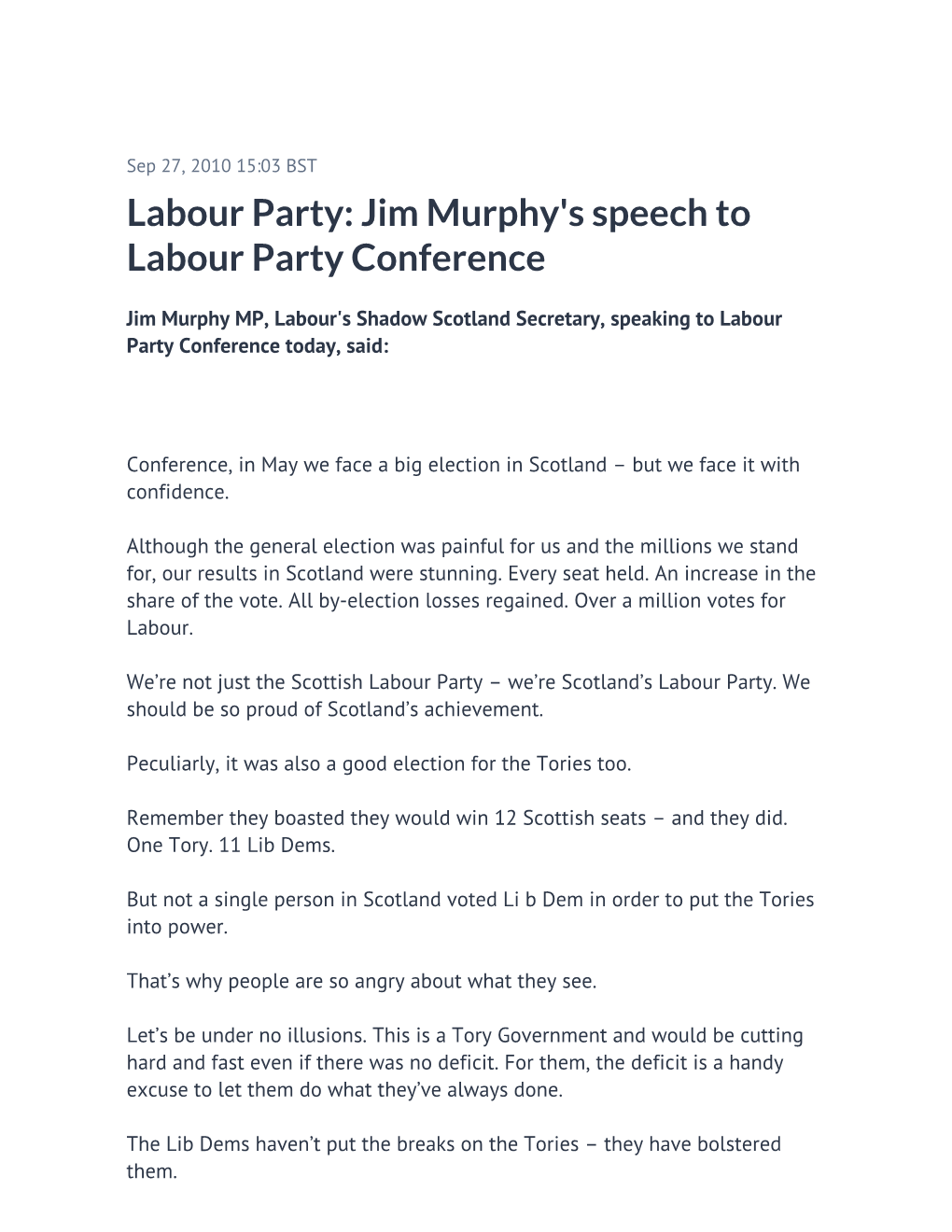 Jim Murphy's Speech to Labour Party Conference