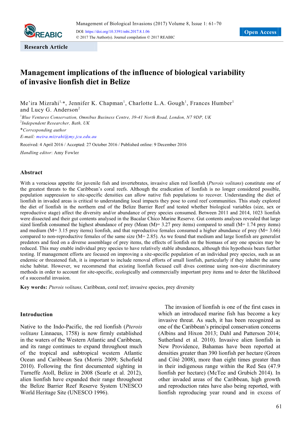 Management Implications of the Influence of Biological Variability of Invasive Lionfish Diet in Belize