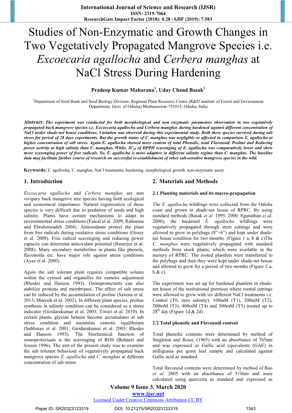 Excoecaria Agallocha and Cerbera Manghas at Nacl Stress During Hardening