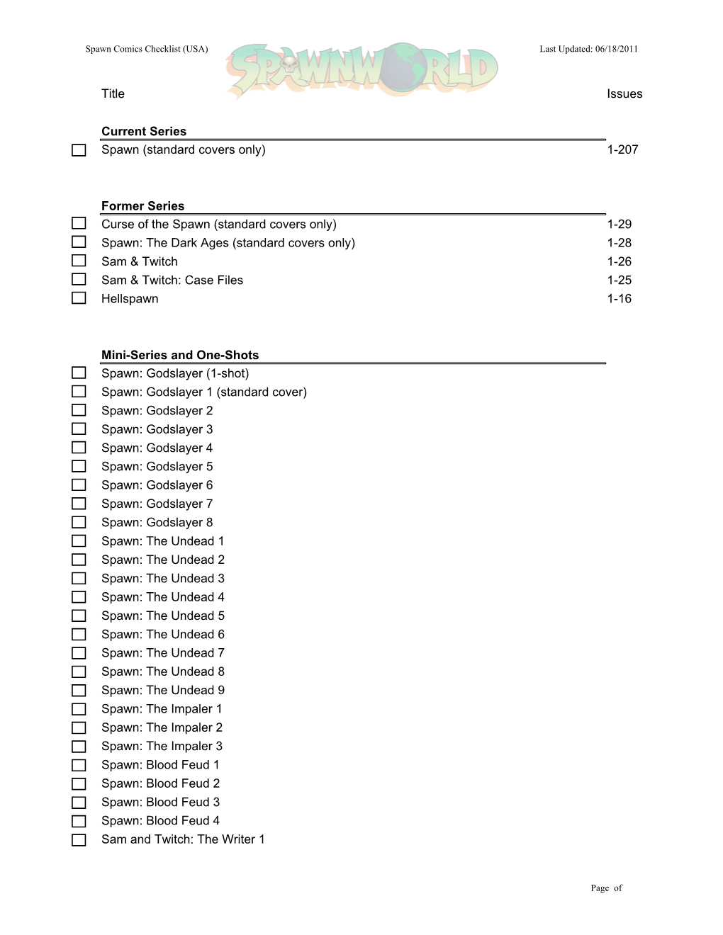 Spawn Comics Checklist (USA)