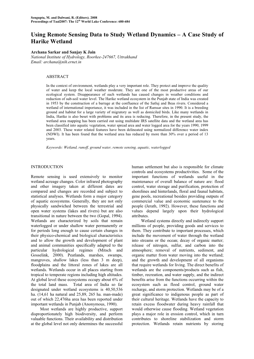 A Case Study of Harike Wetland