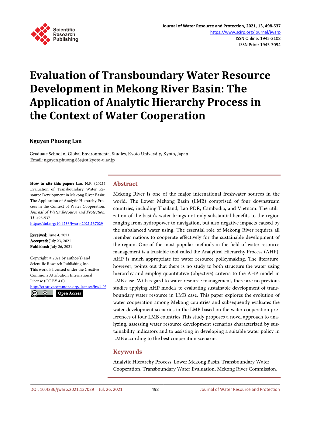 Evaluation of Transboundary Water Resource Development in Mekong River Basin: the Application of Analytic Hierarchy Process in the Context of Water Cooperation