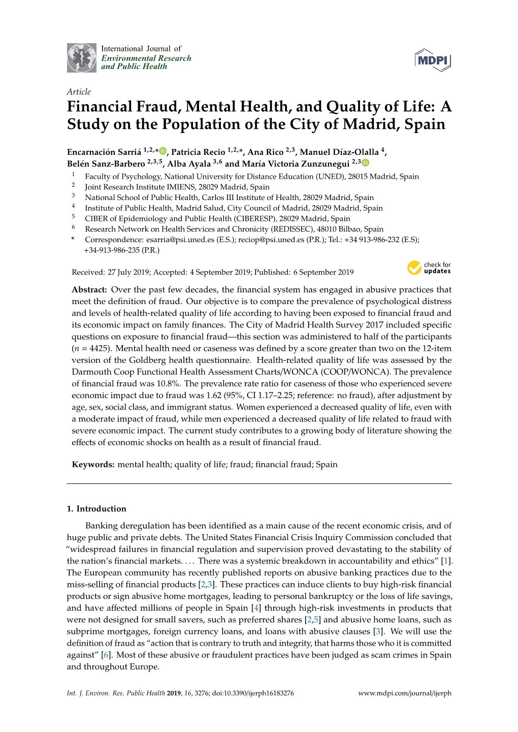 Financial Fraud, Mental Health, and Quality of Life: a Study on the Population of the City of Madrid, Spain