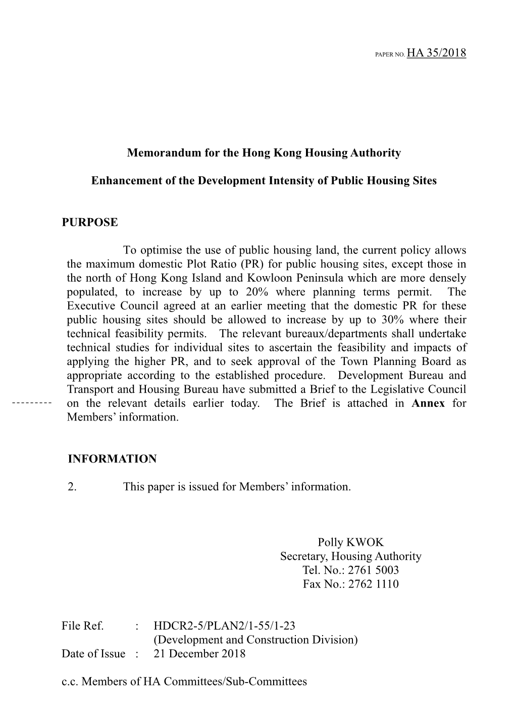 Memorandum for the Hong Kong Housing Authority Enhancement Of