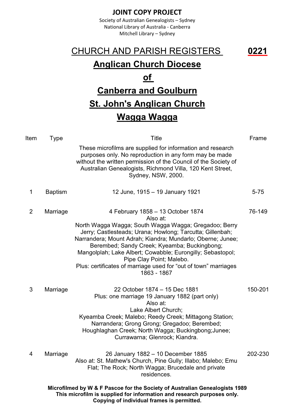 CHURCH and PARISH REGISTERS 0221 Anglican Church Diocese of Canberra and Goulburn St