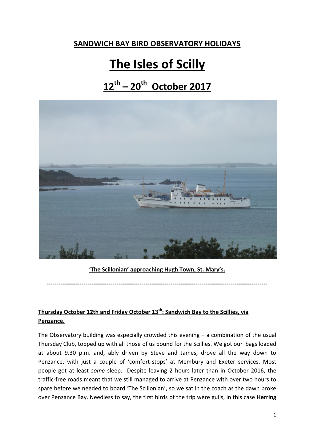 The Isles of Scilly 12Th – 20Th October 2017