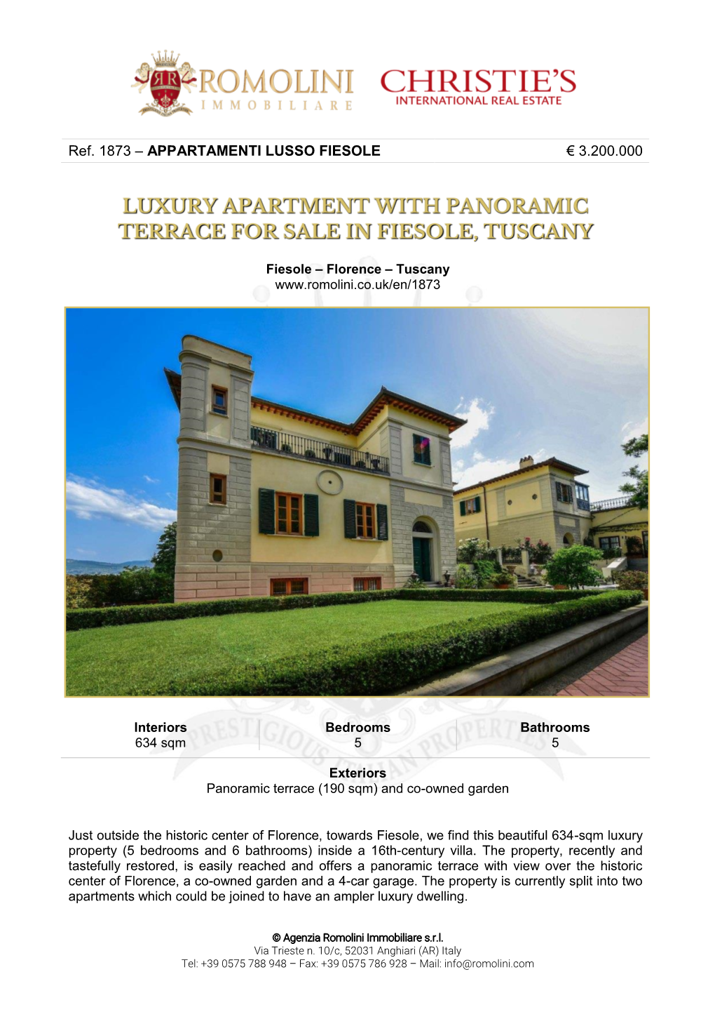 Ref. 1873 – APPARTAMENTI LUSSO FIESOLE € 3.200.000