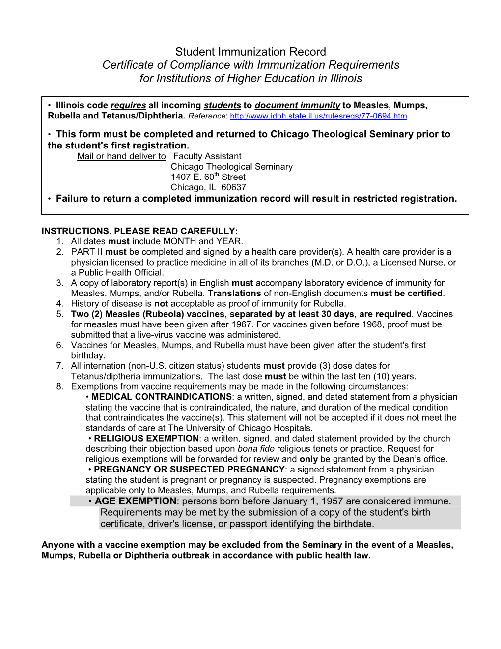 Chicago Theological Seminary Student Immunization Record