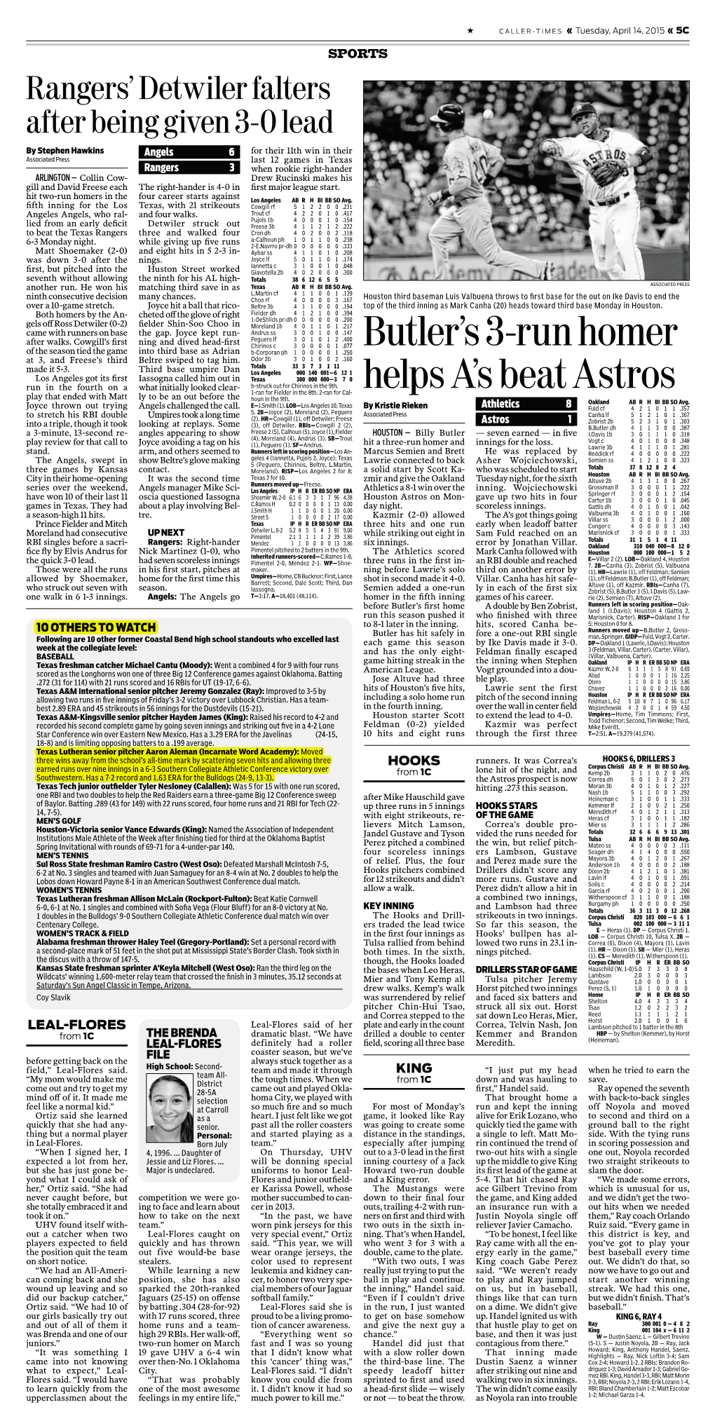 Butler's 3-Run Homer Helps A's Beat Astros