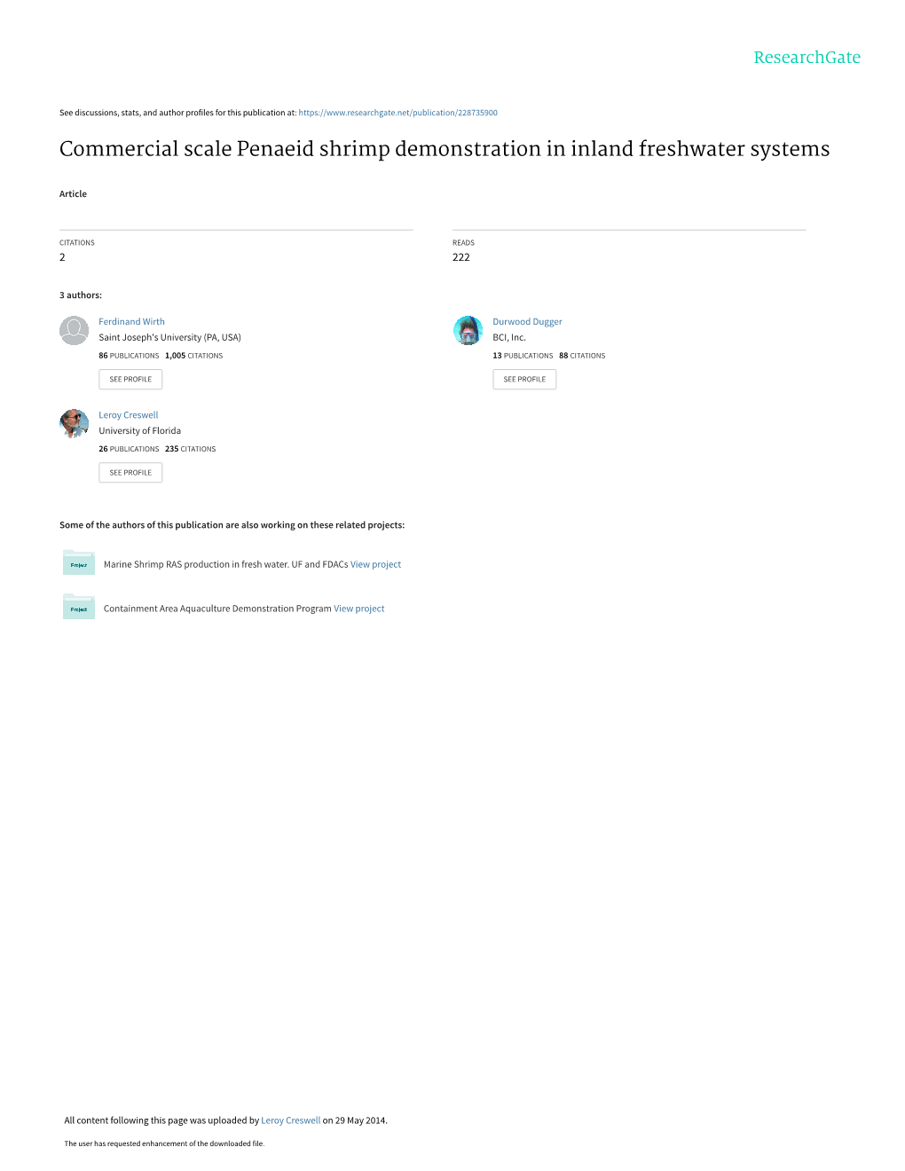 Commercial Scale Penaeid Shrimp Demonstration in Inland Freshwater Systems